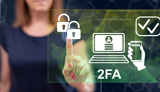 инфографика демонстрираща идеята зад двуфакторната автентикация с жена, която оперира на виртуален екран