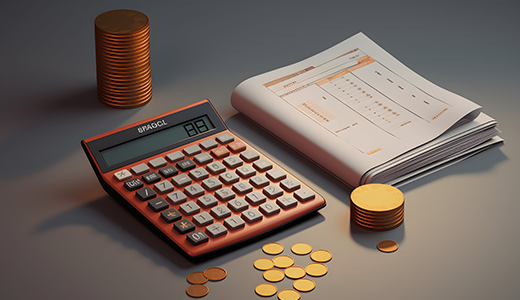 calculator, coins, notebook