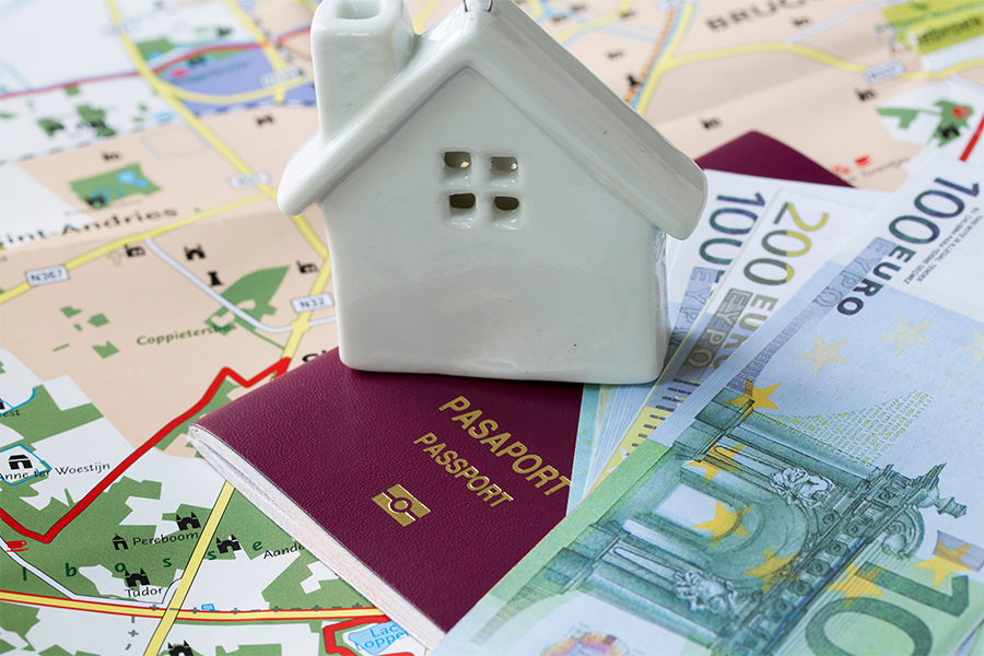 passport, figure of a house, euro banknotes, map