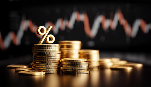 coins and graph in the back, percentage sign