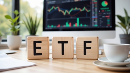 ETF дървени блокчета на бюро пред компютър с борсова графика на заден план, символизиращи инвестиции и търговия на финансовите пазари.