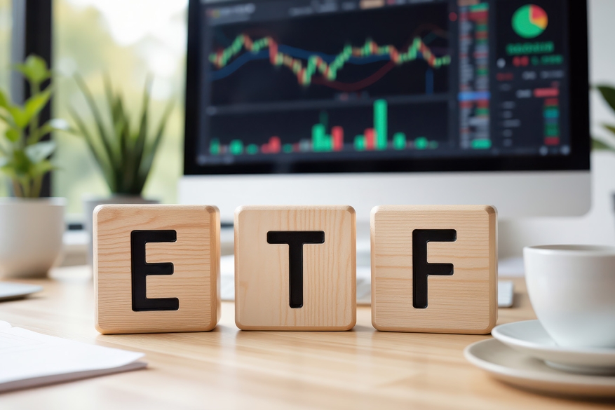 ETF дървени блокчета на бюро пред компютър с борсова графика на заден план, символизиращи инвестиции и търговия на финансовите пазари.